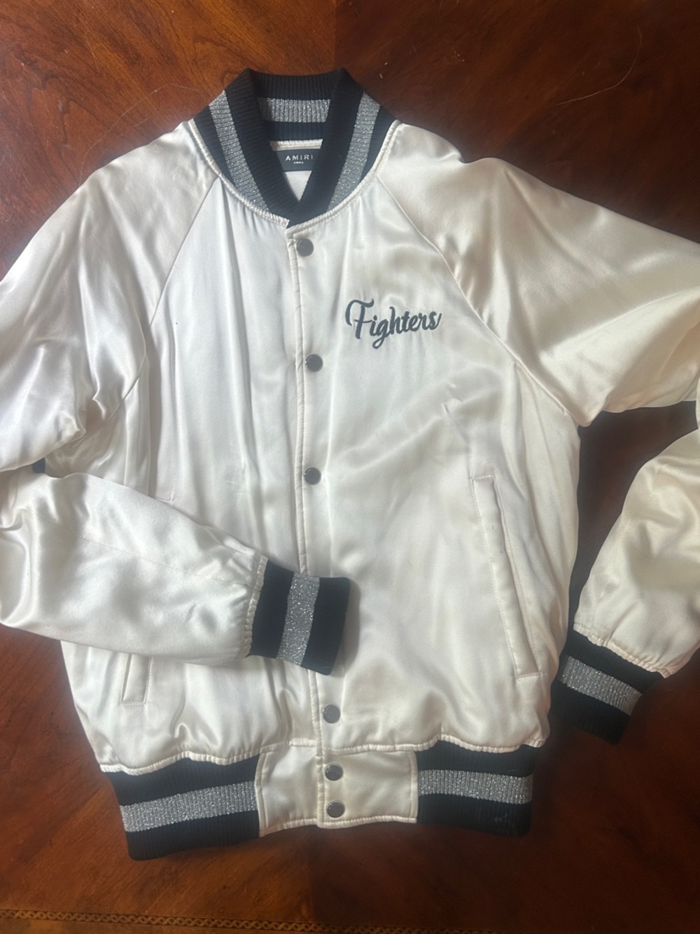 AMIRI Cream Satin 'Fighters' Bomber Jacket with Black Trim